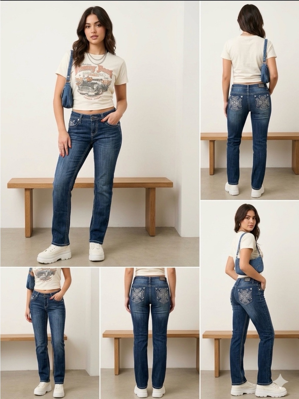 Earl Jean Bling Rhinestone Cross Pocket Straight Leg Jeans Women Size 7
